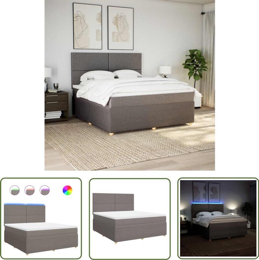 VidaXL Slaapcomfort Boxspring met matras stof taupe 180x200 cm Pocketveringmatras Led Verlichting Hoofdbord