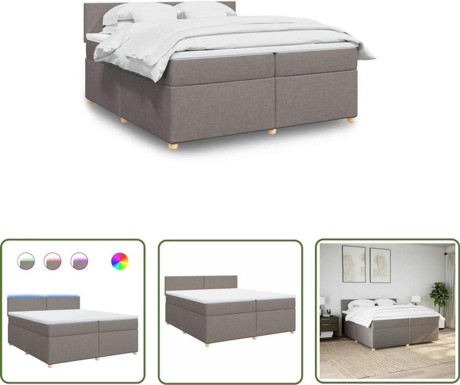 VidaXL Boxspring met matras stof taupe 200x200 cm Boxspring Slaapcomfort Led Verlichting Matras Topper Pocketvering