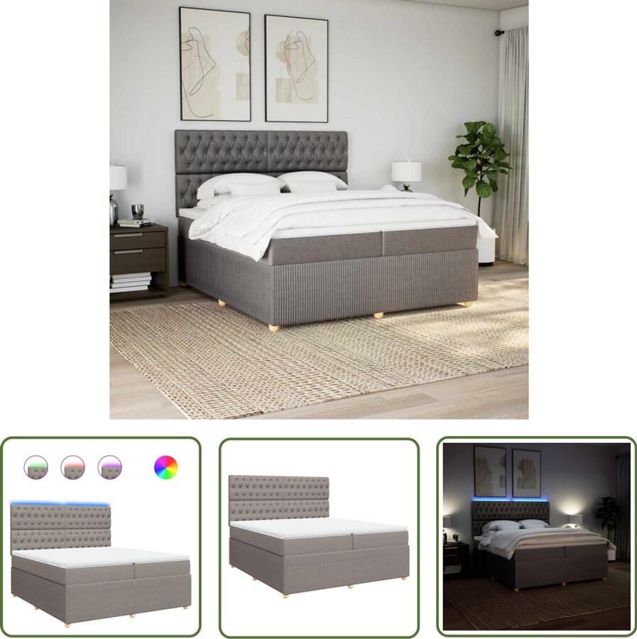 VidaXL Boxspring met matras stof taupe 200x200 cm Boxspring Slaapcomfort Led Verlichting Tapijt Kleur Tweepersoons Bed