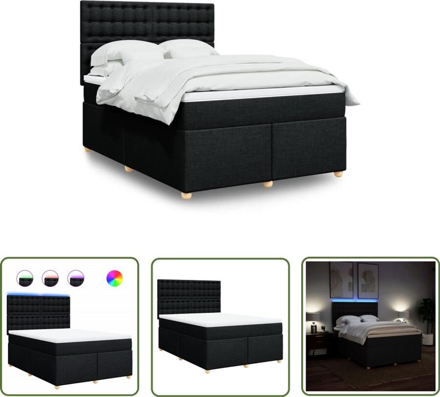 VidaXL Boxspring met matras stof zwart 140x190 cm Boxspring Slaapcomfort Matras Led Verlichting Hoofdbord
