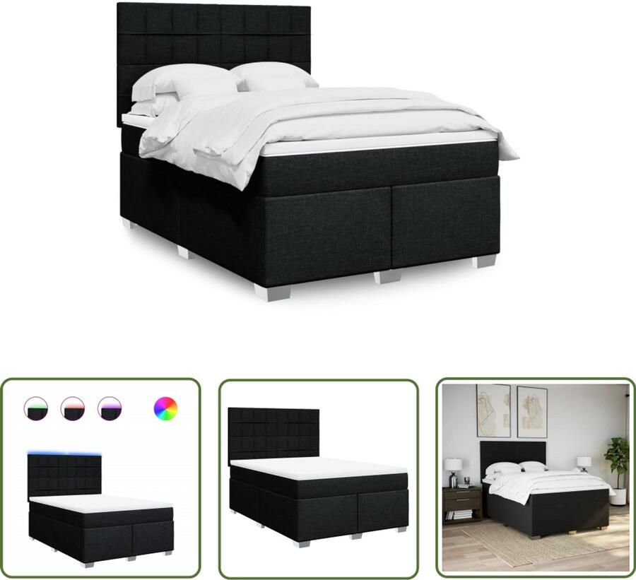 VidaXL Boxspring met matras stof zwart 140x190 cm Boxspring Slaapcomfort Matras Led Verlichting Hoofdbord