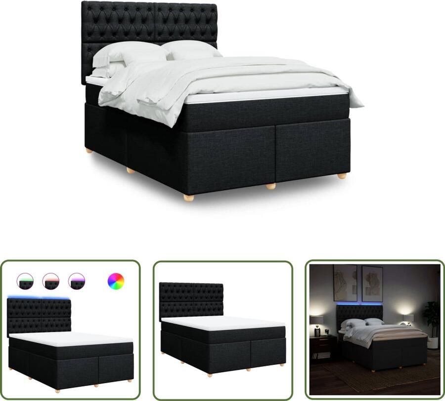 VidaXL Boxspring met matras stof zwart 140x190 cm Boxspring Slaapcomfort Matras Led Verlichting Hoofdbord