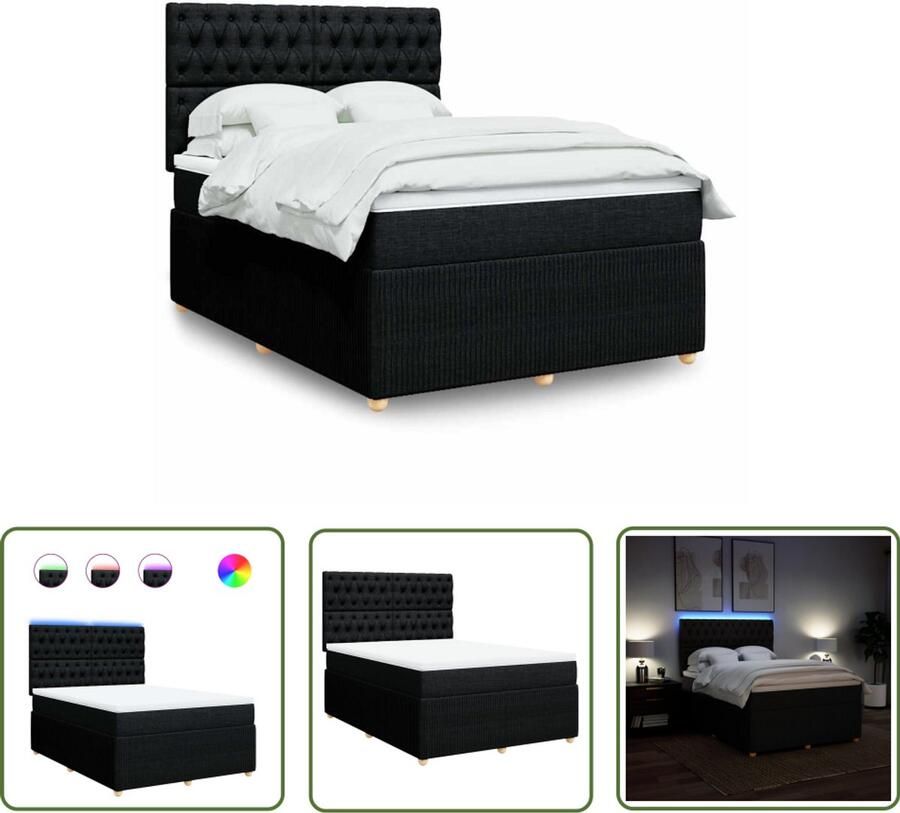 VidaXL Boxspring met matras stof zwart 160x200 cm Boxspring Slaapcomfort Led Verlichting Matras Pocketvering