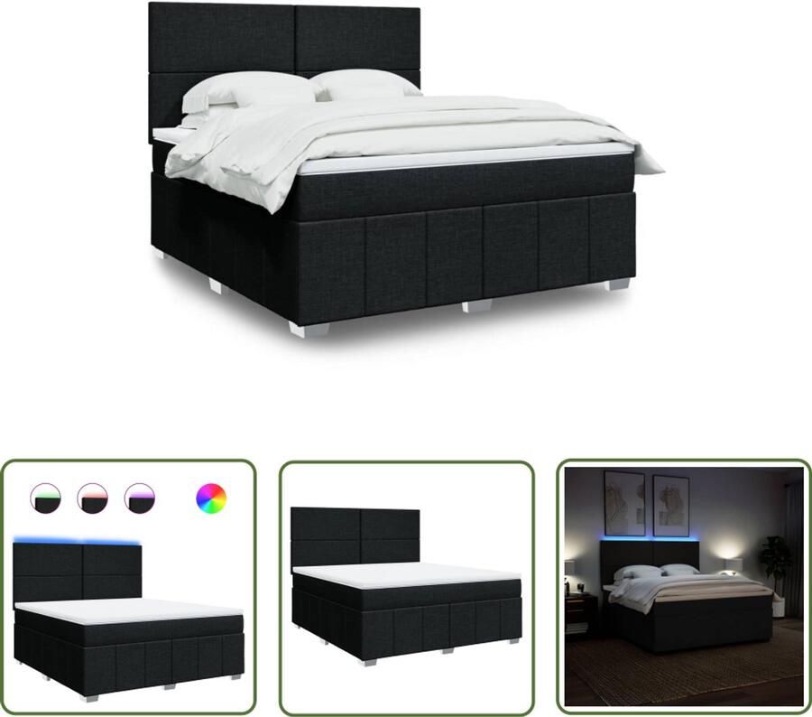 VidaXL Boxspring met matras stof zwart 180x200 cm Boxspring Slaapcomfort Matras Led Verlichting Hoofdbord