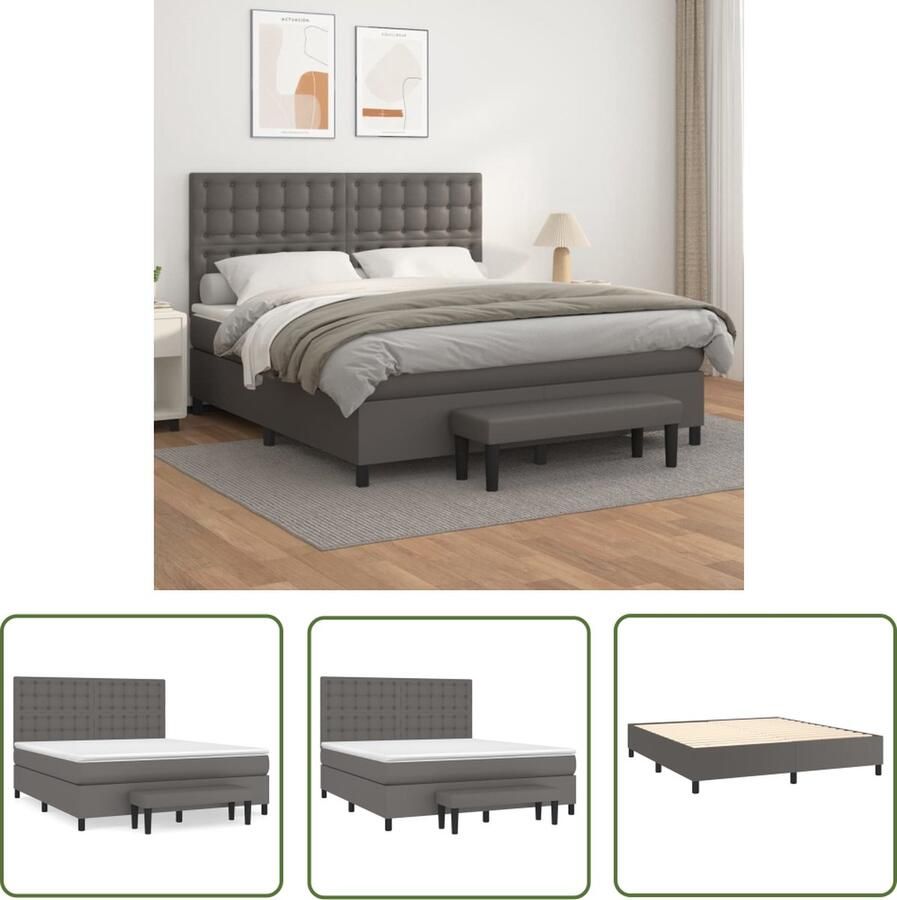 The Living Store Boxspringbed Grijs Kunstleer 180x200cm Verstelbaar hoofdbord Pocketvering matras Middelharde ondersteuning Huidvriendelijke topmatras Multifunctioneel bankje