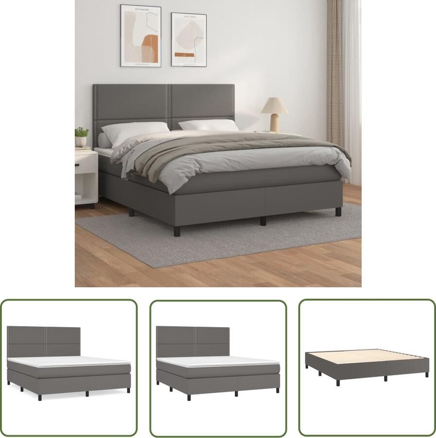 The Living Store Boxspringbed Grijs Kunstleer 203 x 180 x 118 128 cm Duurzaam Verstelbaar hoofdbord Pocketvering matras Middelharde ondersteuning Huidvriendelijk topmatras Inclusief montagehandleiding