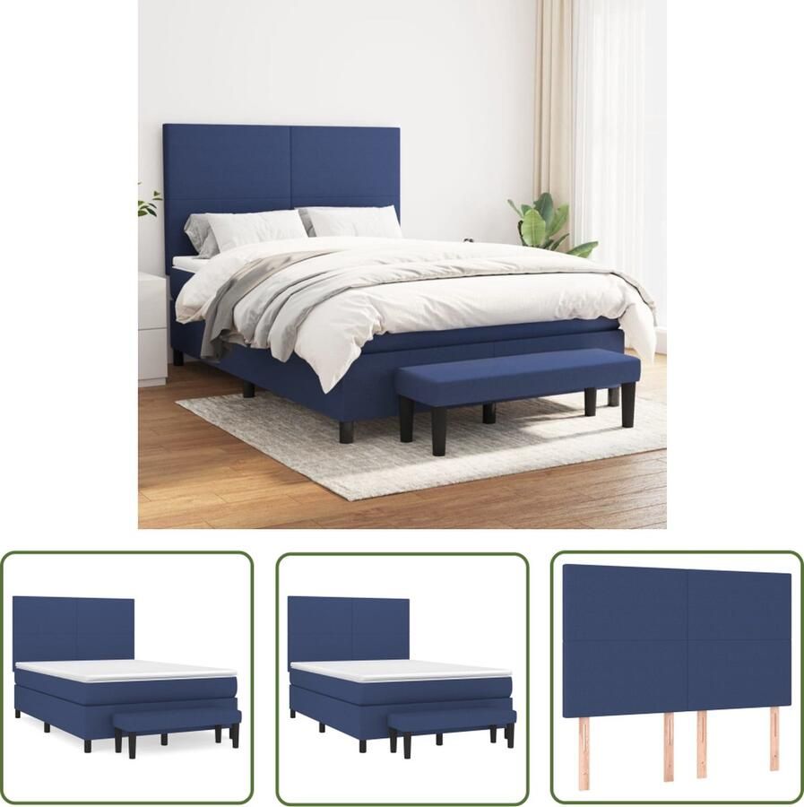 The Living Store Boxspringbed Premium Blauw 203 x 144 x 118 128 cm Pocketvering Matras Middelharde Ondersteuning Huidvriendelijk Topmatras Multifunctioneel Bankje