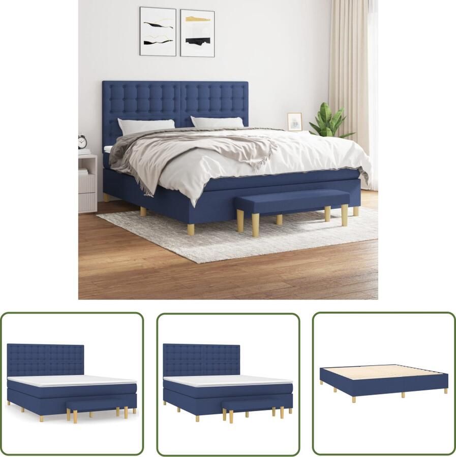 The Living Store Boxspringbed Comfortabele rust en ondersteuning Pocketvering Middelharde matras Huidvriendelijk topmatras Multifunctioneel bankje Blauw 203x160x118 128cm