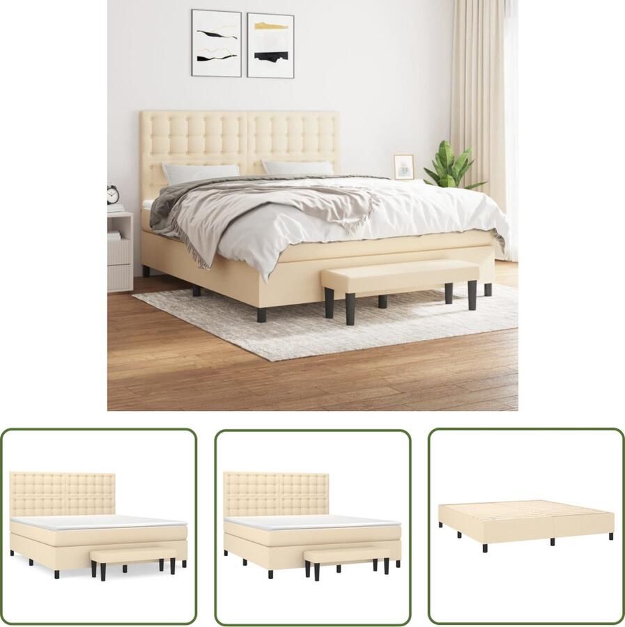 The Living Store Boxspringbed Crème 203 x 180 x 118 128 cm Duurzaam materiaal Verstelbaar hoofdbord Pocketvering matras Middelharde ondersteuning Huidvriendelijk topmatras Multifunctioneel bankje