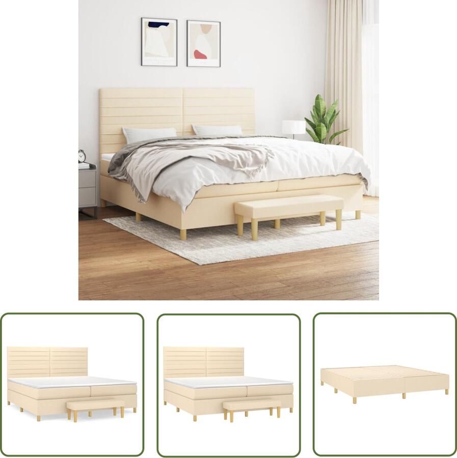 The Living Store Boxspringbed Crème 203 x 200 x 118 128 cm Duurzaam Hoogte verstelbaar hoofdbord Pocketvering matras Middelharde ondersteuning Huidvriendelijk topmatras Multifunctioneel bankje