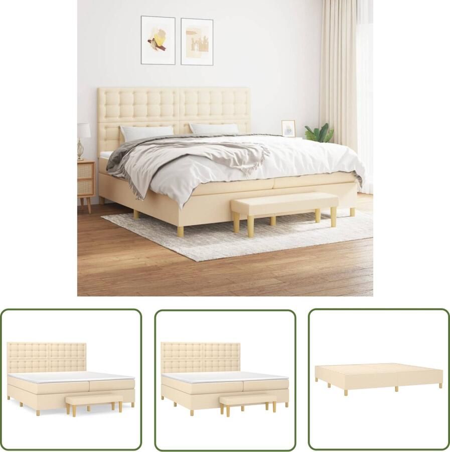 The Living Store Boxspringbed Basic 203 x 200 x 118 128 cm Pocketvering matras Middelharde ondersteuning Huidvriendelijk topmatras Multifunctioneel bankje Crème