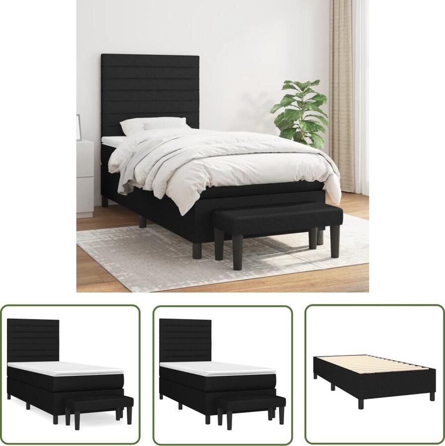 The Living Store Boxspringbed Comfort Zwart Stof 203x83x118 128 cm Pocketvering matras Middelharde ondersteuning Huidvriendelijk topmatras Multifunctioneel bankje