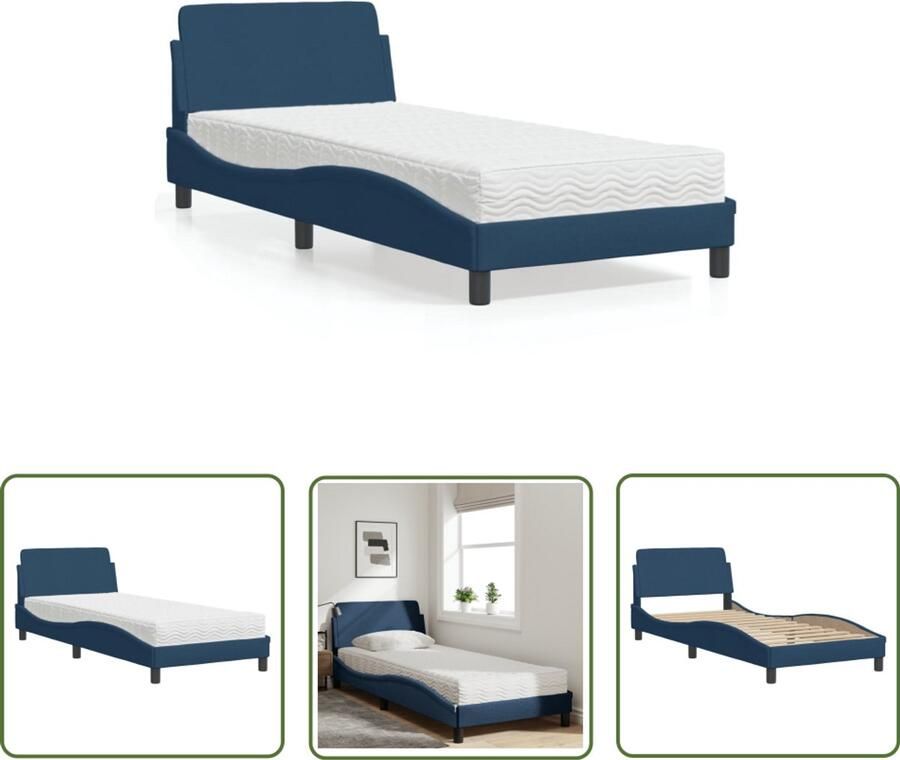 VidaXL Slaapcomfort Comfortabel Bed met matras Dover stof blauw 90x200 cm Boxspring Bed Tweepersoonsbed Enkelpersoonsbed
