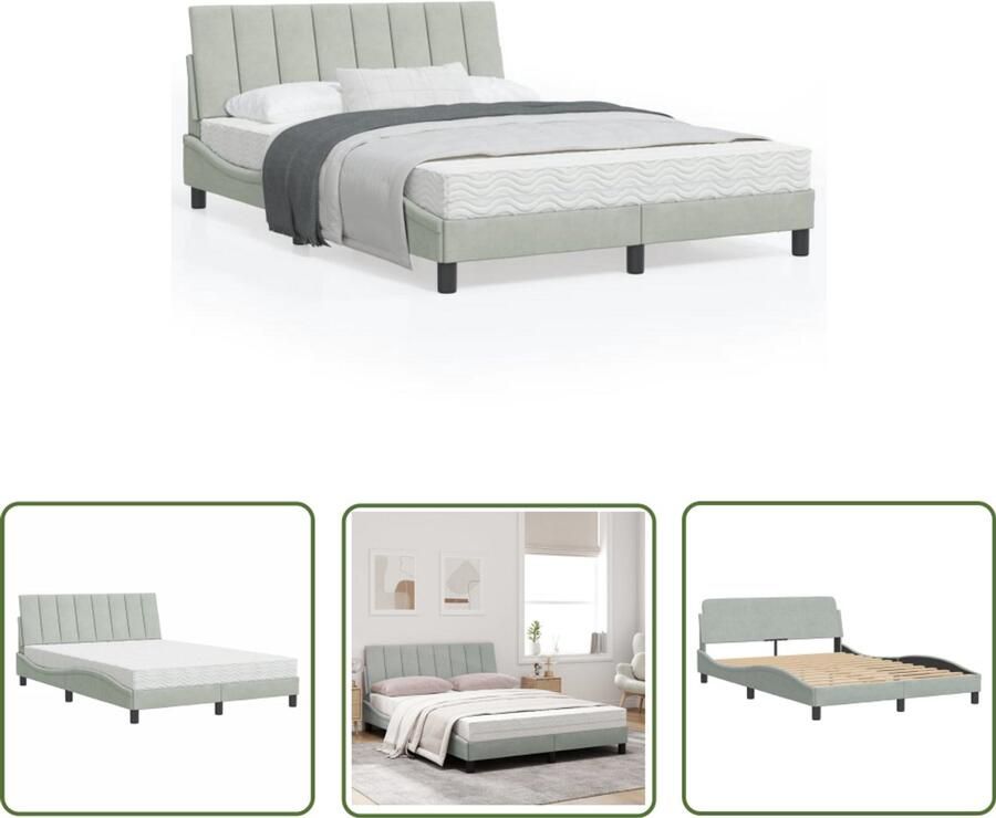 VidaXL Bed met matras Hanko fluweel lichtgrijs 120x200 cm Comfortabel Bed Slaapcomfort Fluweel Bed Grijs Bed Tweepersoonsbed