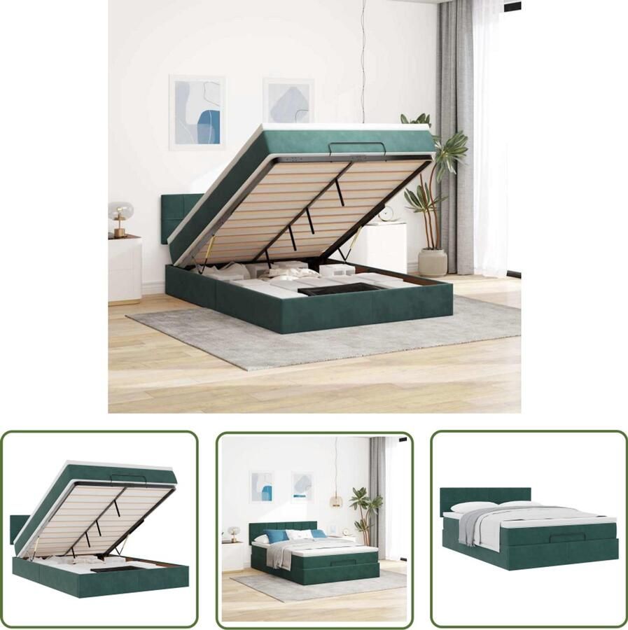 VidaXL Slaapcomfort Ottoman Bed Ottoman bed met matras 140x200cm fluweel donkergroen Boxspringbed Tweepersoonsbed Donkere Kleuren