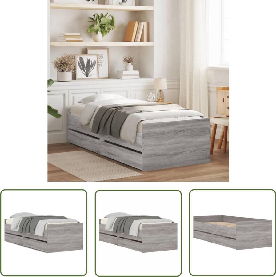 VidaXL Bedframe met lades grijs sonoma eikenkleurig 100x200 cm Bed Frame Slaapkamer Houten Bed Grijze Bedbank Compact Bed