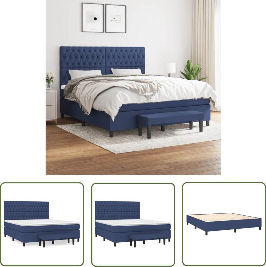The Living Store Boxspringbed Comfortabele pocketvering Middelharde ondersteuning Inclusief hoofdbord matras topmatras en bankje Blauw 203x180x118 128 cm