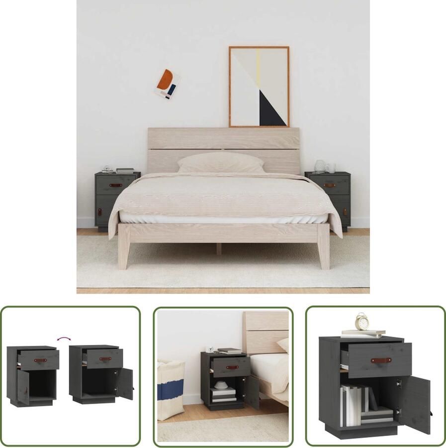 The Living Store Nachtkastjes Elegant 40 x 34 x 55 cm Kleur- Grijs Materiaal- Massief grenenhout en kunstleer Nachtkastjes Slaapkamer Meubilair Grijze Meubels Houten Meubels Grenoble Hout - Foto 2