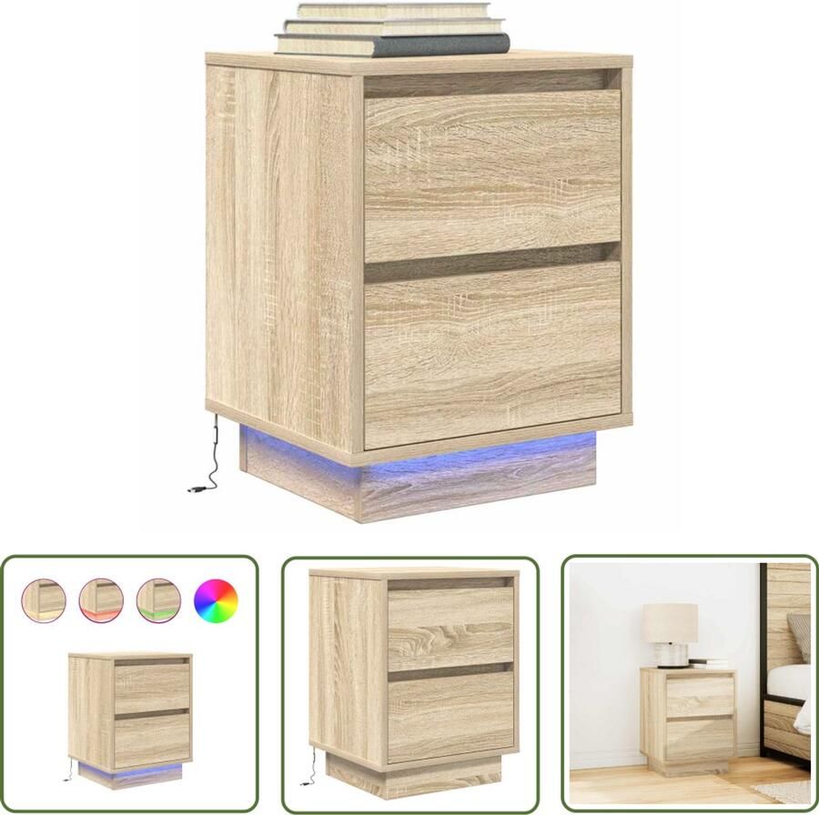 The Living Store Nachtkastje met led-verlichting 38x34x50 cm sonoma eikenkleurig Nachtkastje Slaapkamer LED-verlichting Houten Kast Sonoma Eiken