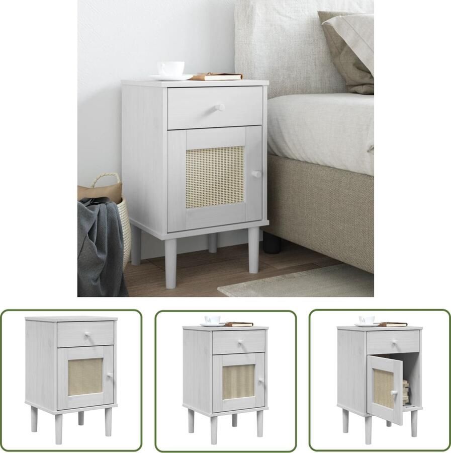 The Living Store SENJA Nachtkastje Hout Rattan Wit 40x35x65cm Ruime opbergruimte Nachtkastje Slaapkamer Opbergkast Notenhouten Witte Meubels
