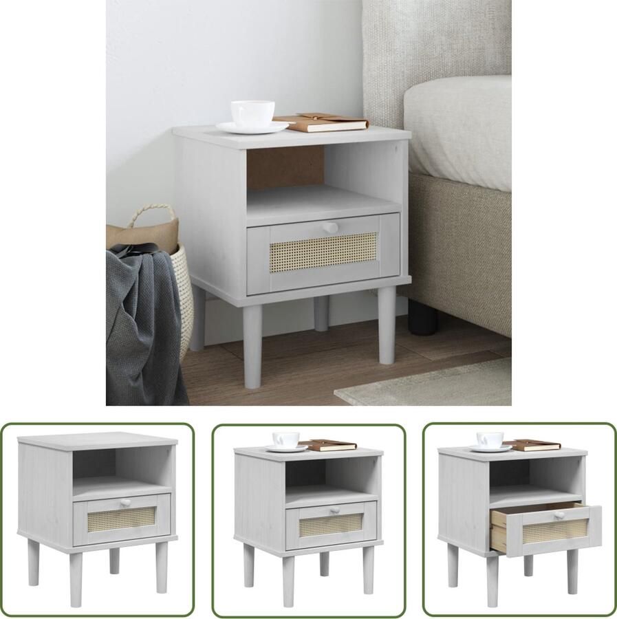 The Living Store SENJA Nachtkastje Wit 40 x 35 x 48 cm Massief grenenhout met uv-vernis Met lade en rattan uitstraling Nachtkastje Slaapkamerdecoratie Massief Hout Grenenhout Witte Kast