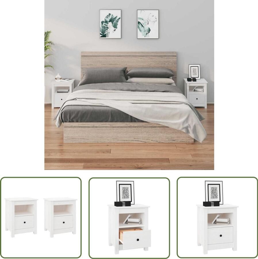 The Living Store Nachtkastje Massief Grenenhout Wit 40 x 35 x 49 cm Set van 2 Nachtkastje Slaapkamerinrichting Houten Meubilair Grenenhouten Meubel Wit Meubel - Foto 2