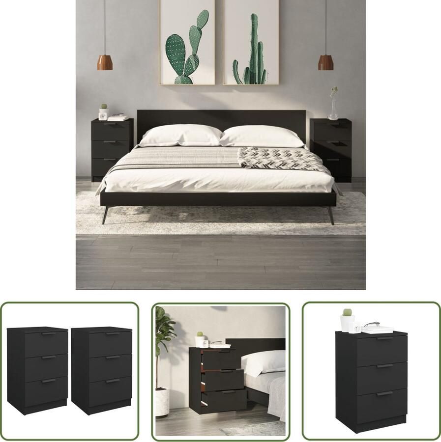 The Living Store Nachtkastje naam Meubel 40 x 36 x 65 cm Zwart hout Nachtkastje Slaapkamerinrichting Houten Nachttafel Zwarte Meubel Modern Interieur - Foto 2