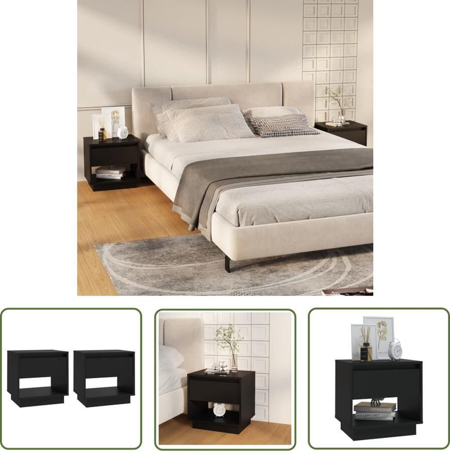 The Living Store Nachtkastjes Zwart 45 x 34 x 44 cm Stevige constructie Nachtkastjes Slaapkamerinrichting Houten Meubilair Zwarte Meubels Designmeubel