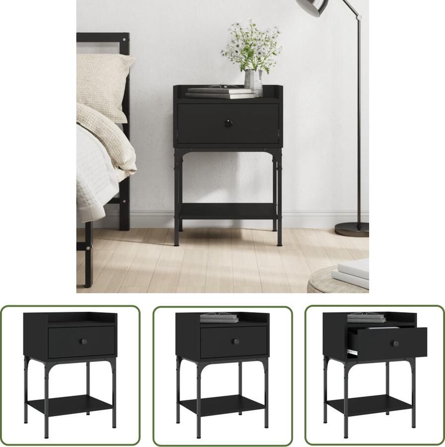 The Living Store Nachtkastje Zwart 40.5 x 31 x 60 cm Bewerkt Hout IJzer Nachtkastje Slaapkamermeubel Houten Meubel Zwart Meubel Industriële Stijl - Foto 2