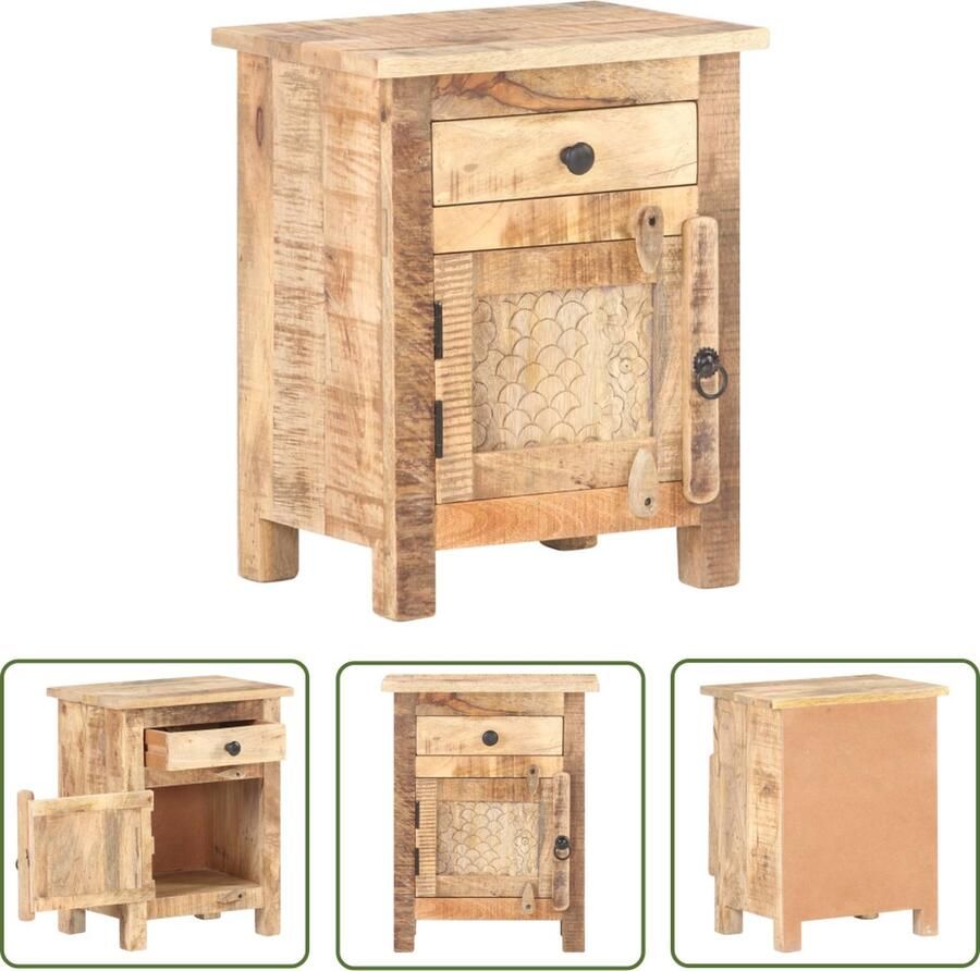 The Living Store Nachtkastje Mangohout 40 x 30 x 50 cm Met gesneden bloemontwerp deur Nachtkastje Slaapkamermeubel Mangohout Vintage Stijl Bruine Kleur - Foto 2
