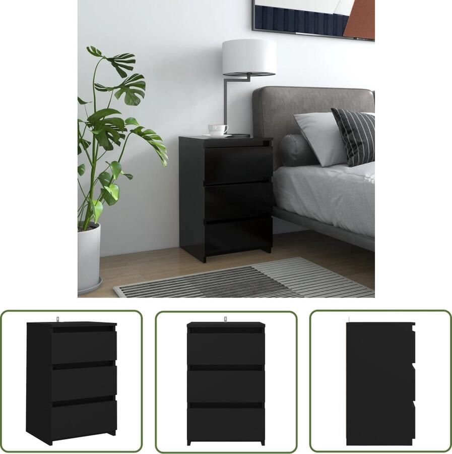 The Living Store Nachtkastje zwarte spaanplaat 40 x 35 x 62.5 cm 3 lades Nachtkastje Slaapkamermeubel Houten Kast Zwarte Kast Nachttafel - Foto 2