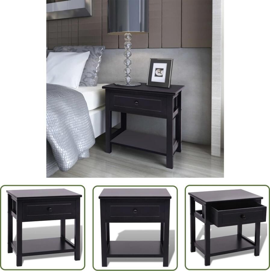 The Living Store Nachtkastje Hout 40 x 29 x 42 cm Zwart Met 1 lade Nachtkastje Slaapkamermeubel Hout Meubilair Paulowniahout Zwarte Meubels - Foto 2