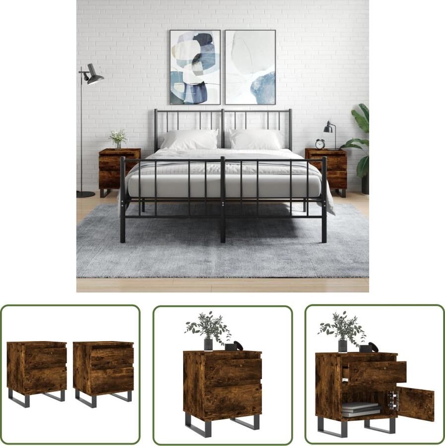The Living Store Nachtkastjes Slaapkamer 40 x 35 x 50 cm Gerookt eiken Bewerkt hout en metaal Nachtkastjes Slaapkamermeubel Houten Nachtkastjes Bruine Nachtkastjes Vintage Nachtkastjes