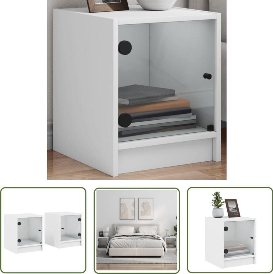 The Living Store Nachtkastjes met glazen deuren 2 st 35x37x42 cm wit Nachtkastjes Slaapkamermeubel Kastjes Houten Meubel Wit Meubel