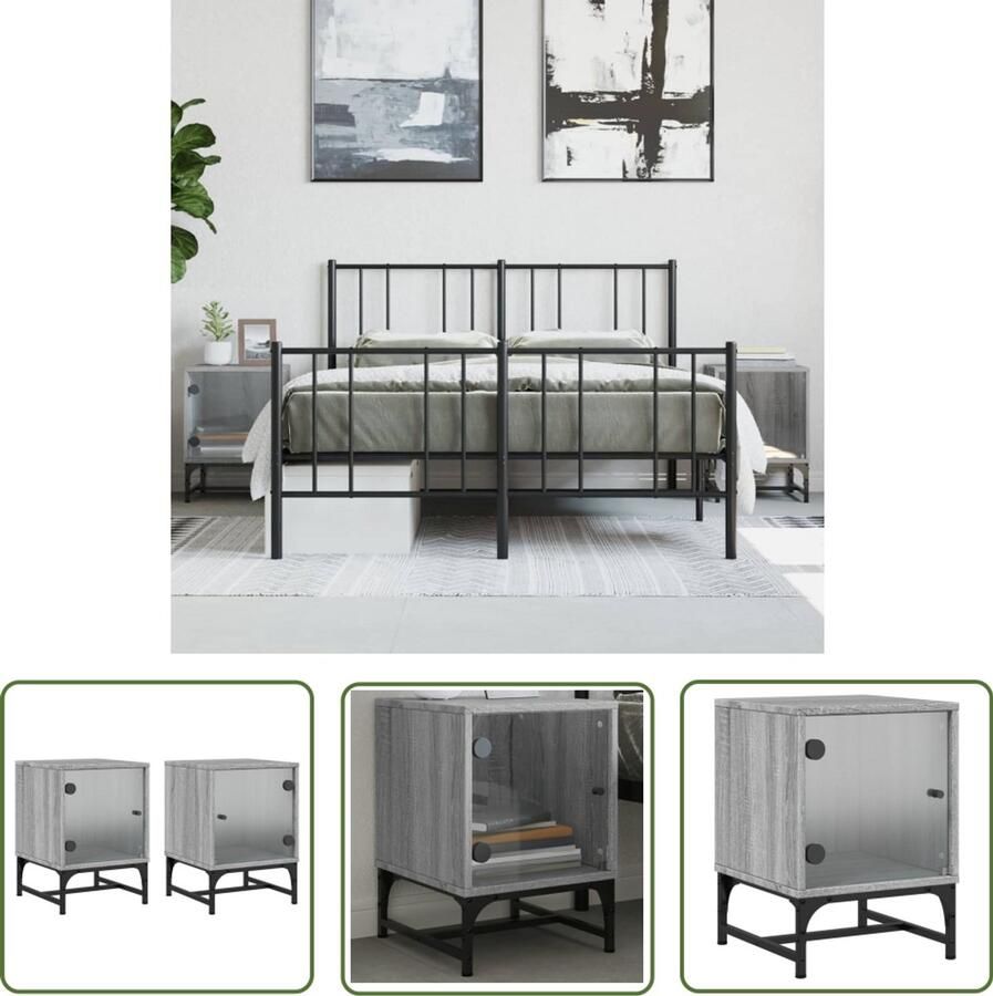 The Living Store Nachtkastjes met glazen deuren 2 st 35x37x50 cm grijs sonoma Nachtkastjes Slaapkamermeubel Kastjes Houten Meubel Grijze Meubels