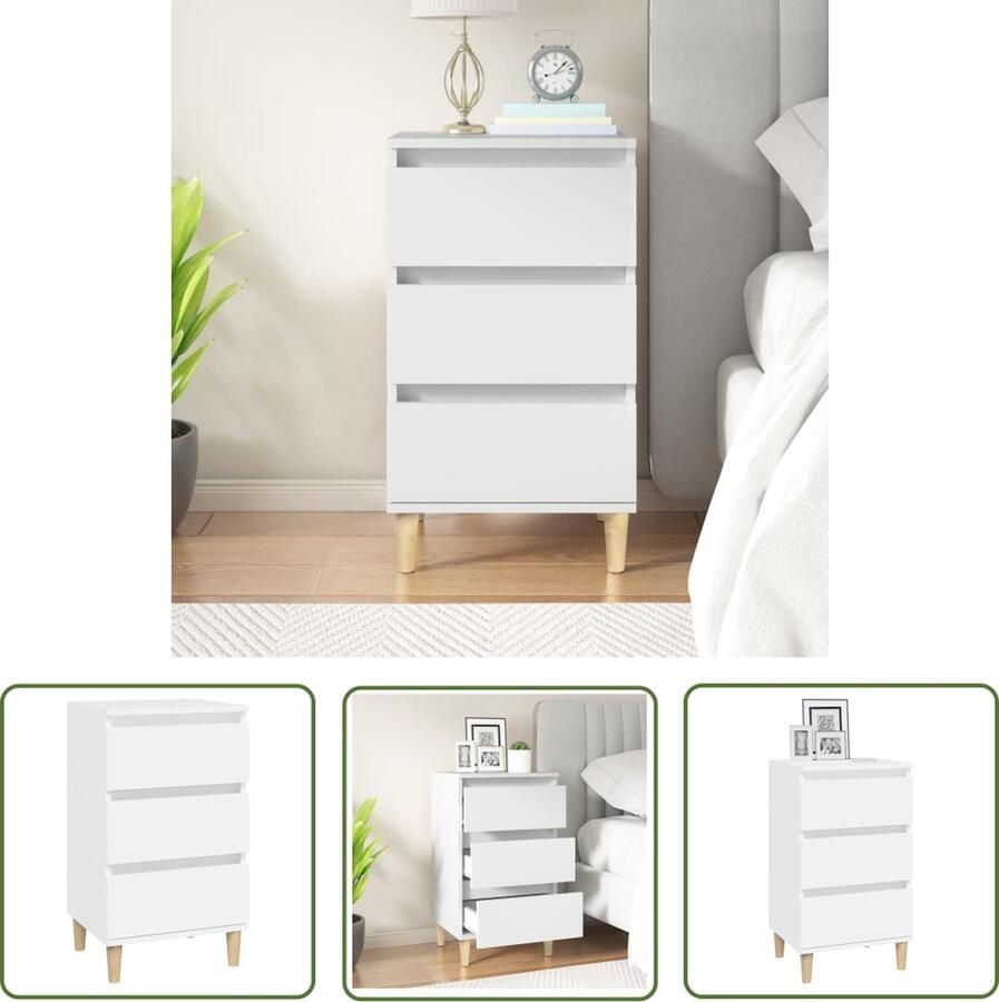 The Living Store Nachtkastje Trendy Slaapkamermeubilair Afmetingen- 40 x 35 x 70 cm Kleur- wit Materiaal- bewerkt hout en massief eucalyptushout Nachtkastje Slaapkamermeubilair Dressoir Commode Wit - Foto 2