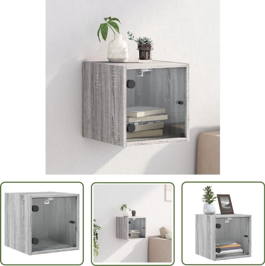 VidaXL Nachtkastje met glazen deur 35x37x35 cm grijs sonoma eikenkleur Nachtkastje Slaapkamermeubilair Grijze Kast Houten Kast Vintage Kast