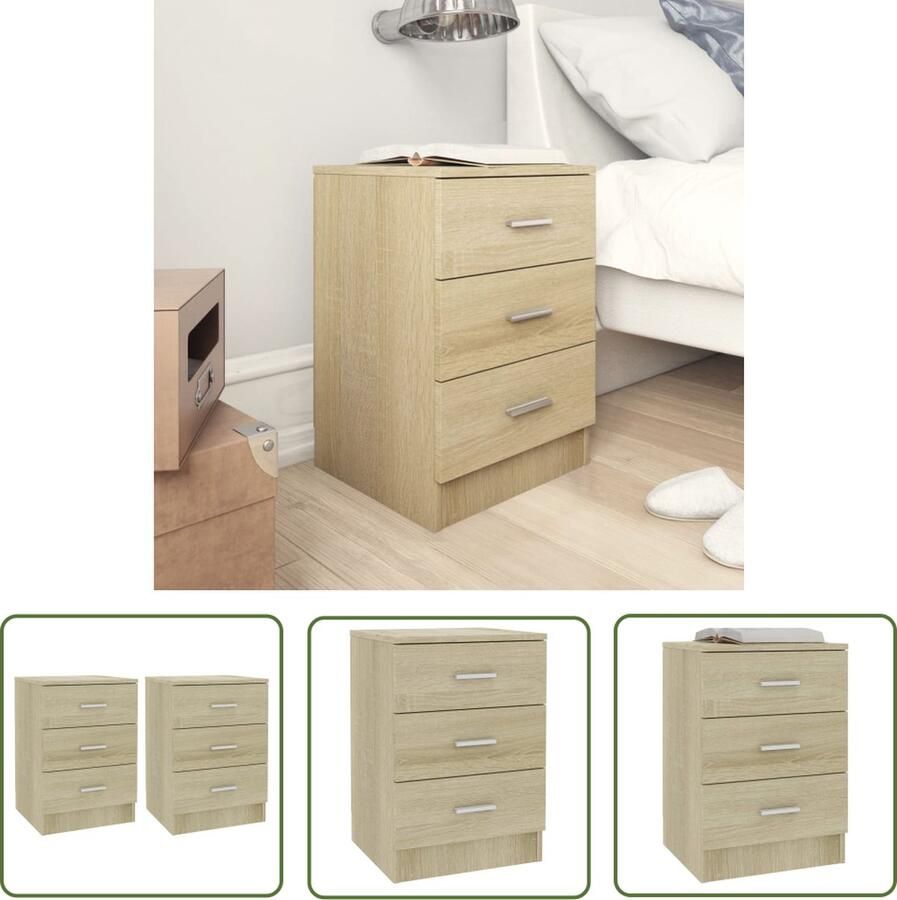 The Living Store Nachtkastjes 2 st 38x35x56 cm bewerkt hout sonoma eikenkleurig Nachtkastje Slaapkamermeubilair Houten Meubels Sonoma Eiken Opbergkasten - Foto 2