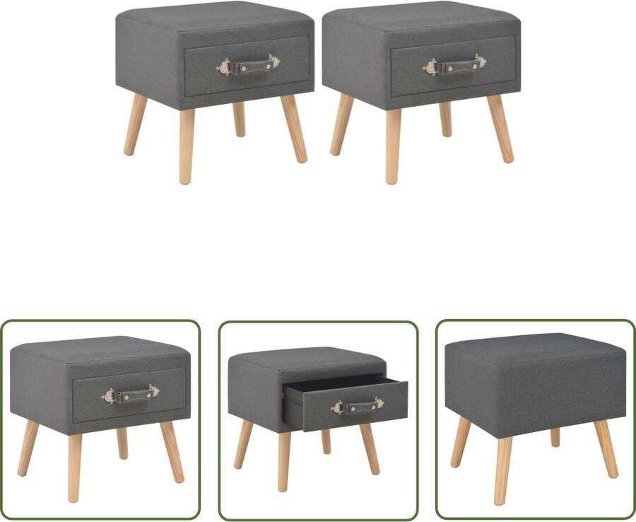 The Living Store Nachtkastjes Donkergrijs Stof en massief grenenhout 40x35x40 cm Met 1 lade Nachtkastjes Slaapkamermeubilair Donkere Meubels Grijze Meubels Stoffige Meubels - Foto 2