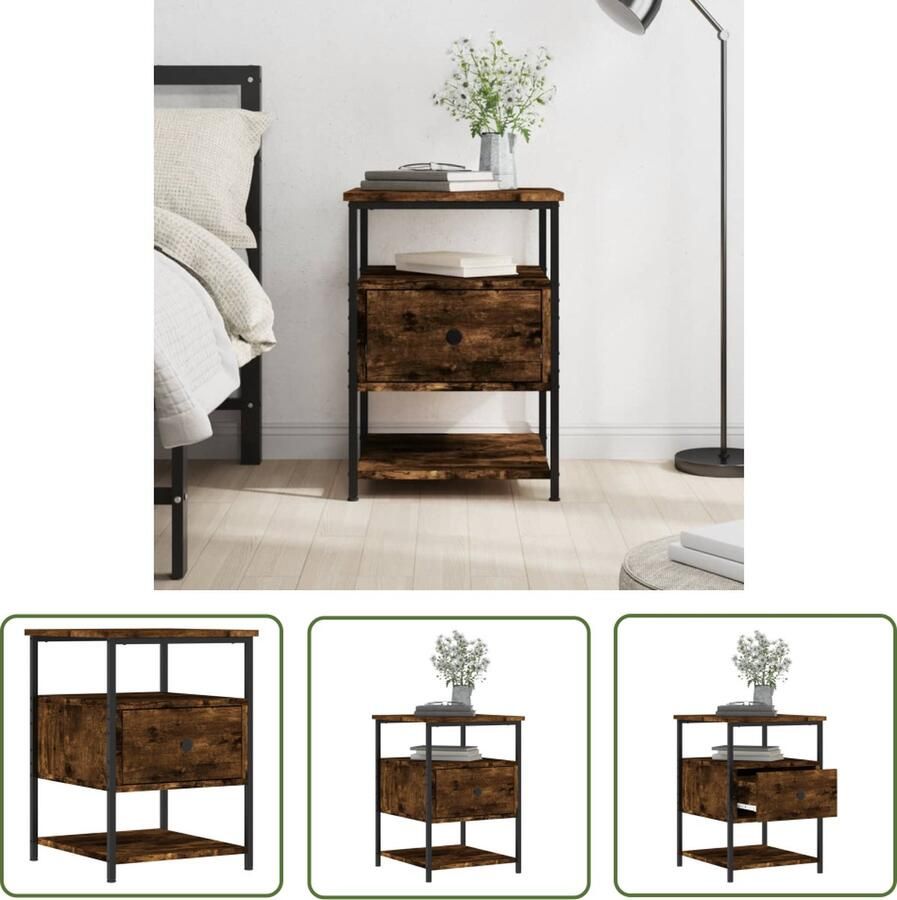 The Living Store nachtkastje Craftsman Hout IJzer 40 x 42 x 56 cm Gerookt Eiken Nachtkastje Slaapkamersmeubilair Houten Nachtkastje Vintage Nachtkastje Industrieel Nachtkastje - Foto 2