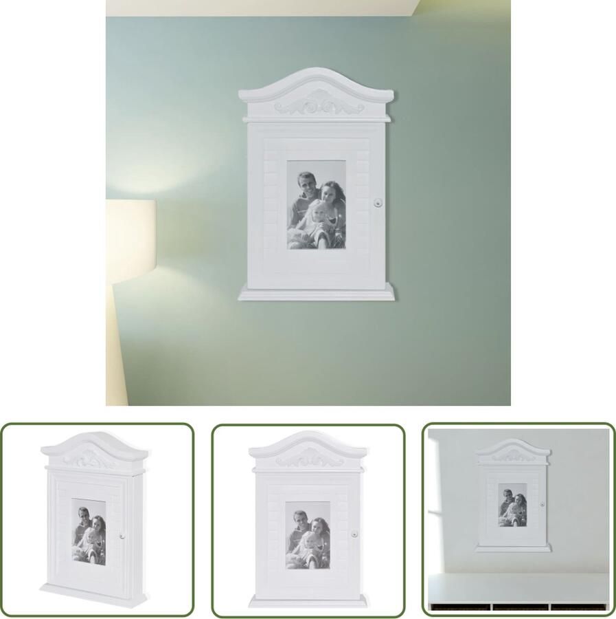 The Living Store Sleutelkastje met fotolijst wit Sleutelkastje Sleutelhanger Wandmontage Houten Kast Wit Meubilair - Foto 2