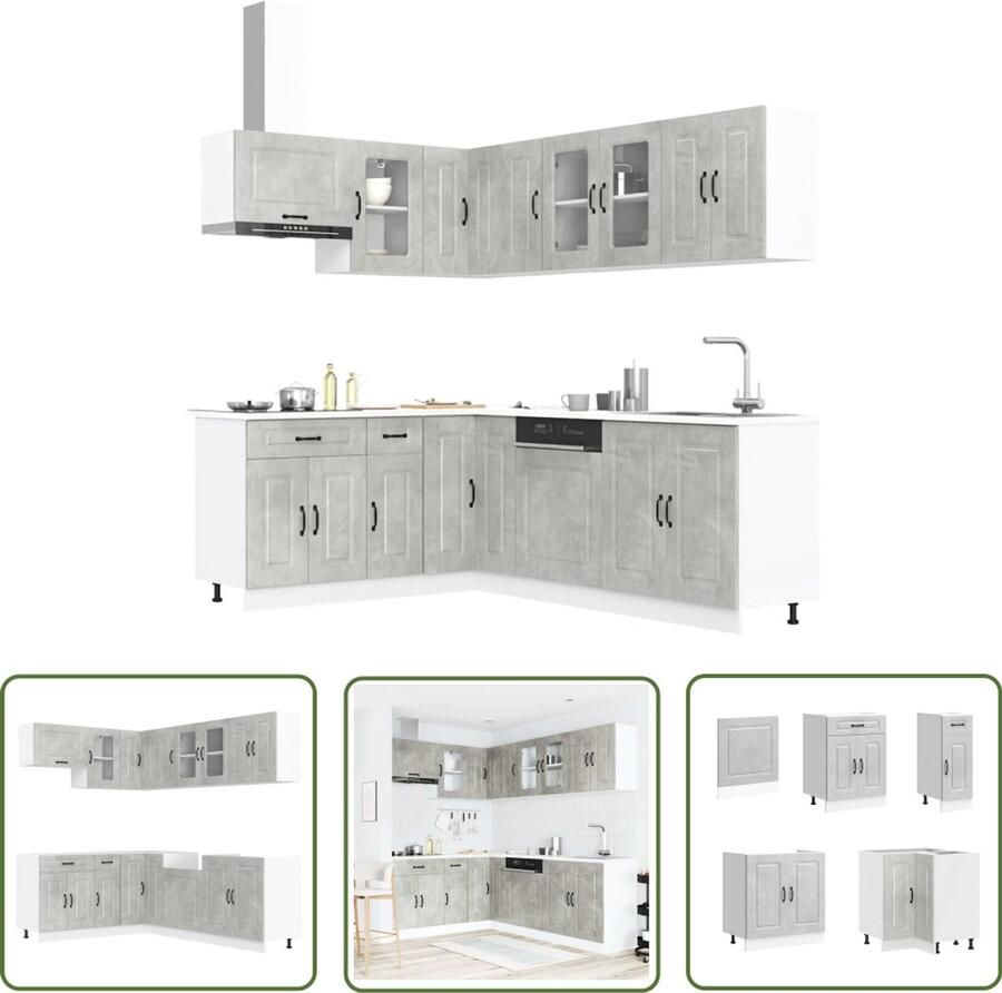The Living Store 11-delige Keukenkastenset Kalmar bewerkt hout betongrijs Keukenkasten Betongrijs Houten Keukenkasten Keukenopstelling Kalmar Serie