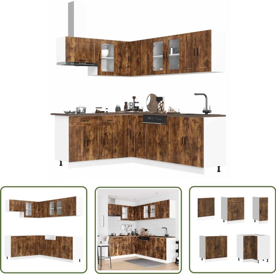 The Living Store 11-delige Keukenkastenset Porto bewerkt hout gerookt eiken Keukenkasten Houten Keukenkasten Keukenmeubels Gerookte Eiken Meubelen Kookeiland