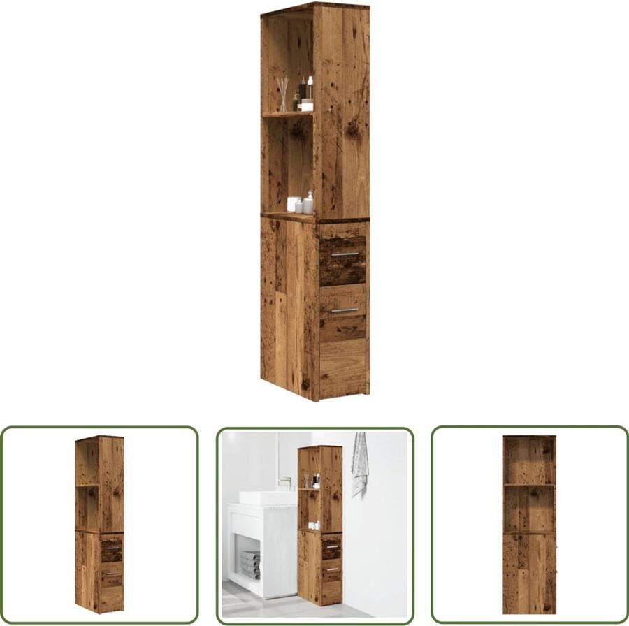 VidaXL Badkamerkast smal met wielen bewerkt hout oud houtkleurig Dynamo Meter Sleutelset Gereedschap Draperpatools Klikmechanisme