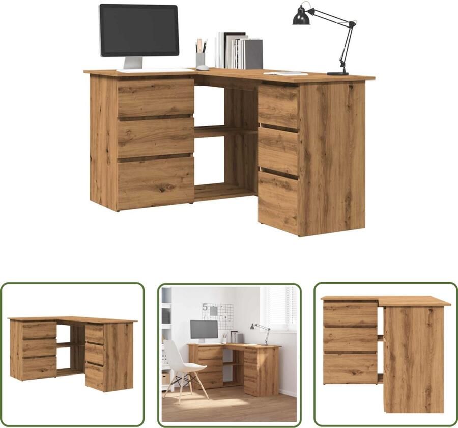 The Living Store Hoekbureau 145x100x76 cm bewerkt hout artisanaal eikenkleur Dynamo Meter Sleutelset Gereedschap Handgereedschap Monteursgereedschap