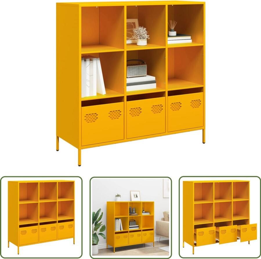 The Living Store Hoge kast 101 5x39x103 5 cm staal mosterdgeel Hoge Kast Metalen Kast Opslagkast Boekenkast Mustard Yellow Furniture