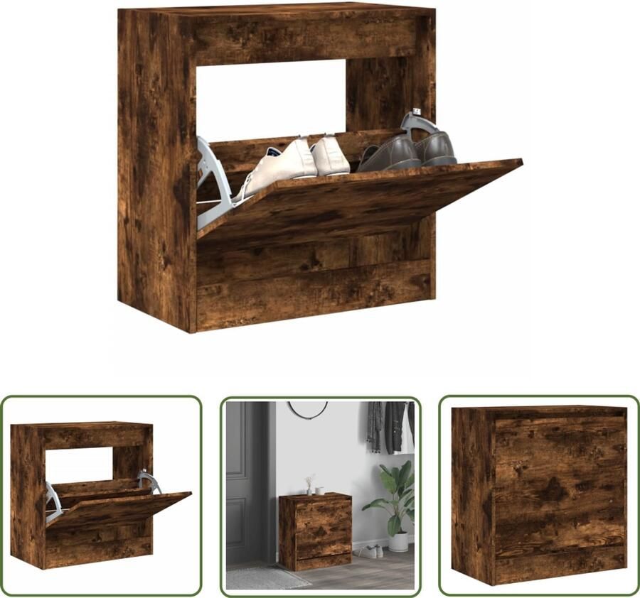 The Living Store Schoenenkast 60x34x63 5 cm bewerkt hout gerookt eikenkleurig Schoenenkast Smal Compact Ruime Kast Bergruimte