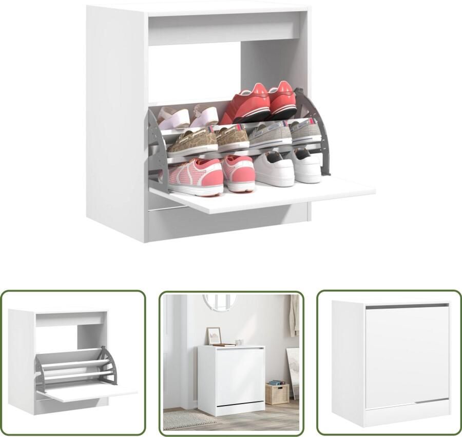 The Living Store Schoenenkast 60x42x69 cm bewerkt hout wit Schoenenkast Smal Wit Houten Schoenenkast Compact