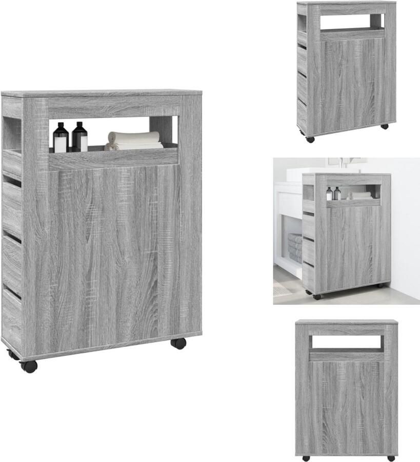 VidaXL Smalle Badkamerkast Smalle Badkamerkasten Badkamer Kast Badkamerkastje Badkamerkast smal met wielen bewerkt hout grijs sonoma eiken