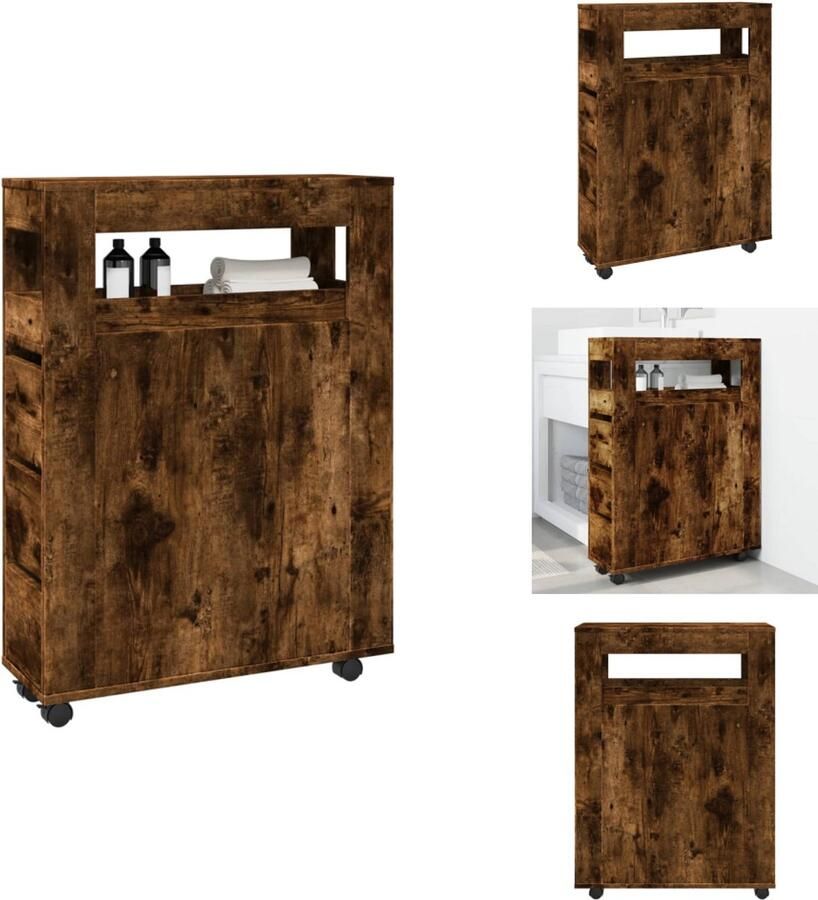 VidaXL Smalle Badkamerkast Smalle Badkamerkasten Badkamer Kast Badkamerkastje Badkamerkast smal met wielen bewerkt hout gerookt eikenkleurig
